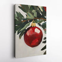Red Bauble Pine Branch Canvas Print, Christmas Ornament Wall Art, Rustic Holiday Oil Painting Style Wall Art, Winter Festive Decor Present