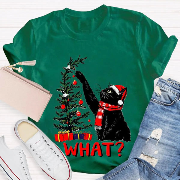 Humorous Holiday Cat Chaos Shirt, Black Cat Pushing Christmas Tree T-Shirt, Adorable Festive Kitty Graphic Tee, Cat Lover Chr