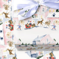 Watercolor Santa Sleigh Gift Wrap, Snowy Village Christmas Wrapping Paper, Whimsical Winter Village Wrapping Paper, Holiday Gift Wrap