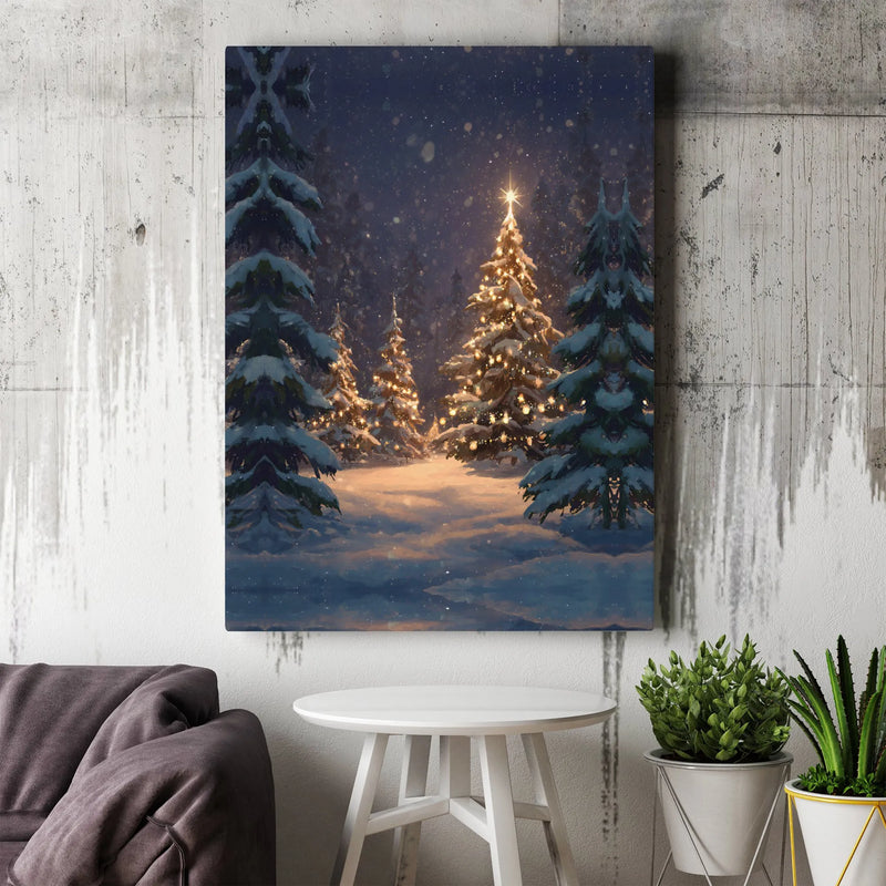 Glowing Winter Trees Canvas Print, Snowy Christmas Forest Canvas Wall Art, Comfy Holiday Night Canvas Decor