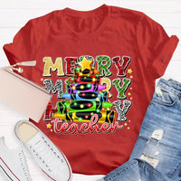 Colored Pencil Tree Holiday Graphic Tee, Christmas Teacher T-Shirt, Festive Teacher Shirt, Winter Break Elementary Educator Apparel