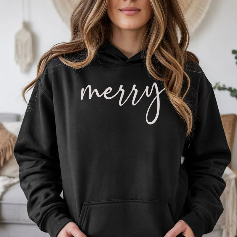 Minimalist Script Holiday Sweatshirt, Merry Christmas Hoodie, Comfy Xmas Winter Pullover Hoodie, Aesthetic Christmas Season Hooded Top