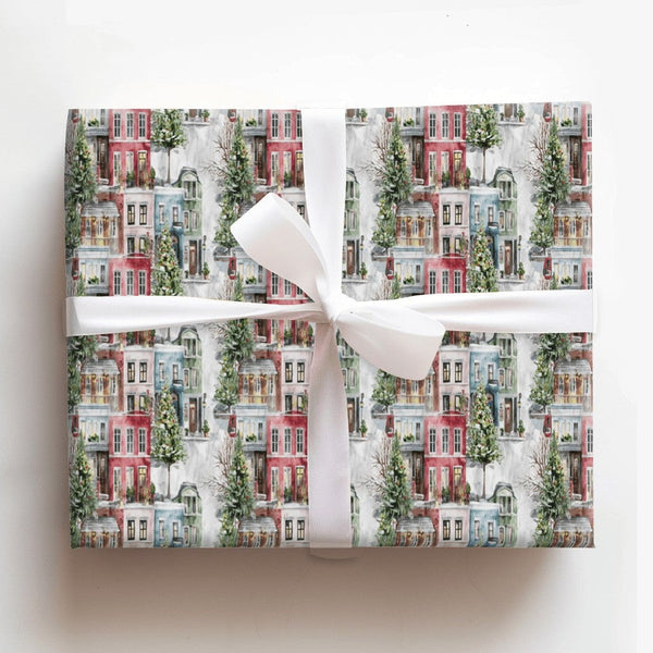 Snowy Winter Townhouse Holiday Gift Wrap, Watercolor Christmas Village Wrapping Paper, Festive Winter City Wrapping Paper, Ch