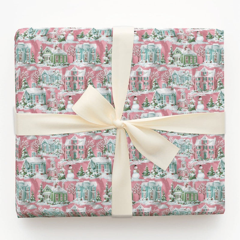 Pastel House Holiday Gift Wrap, Pink Winter Village Wrapping Paper, Whimsical Snowman Christmas Wrapping Paper, Comfy Winter Gift Wrap