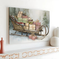 Snowy Forest Holiday Wall Art, Vintage Christmas Sleigh Canvas Print, Festive Winter Sleigh Canvas, Christmas Presents Wall Decor