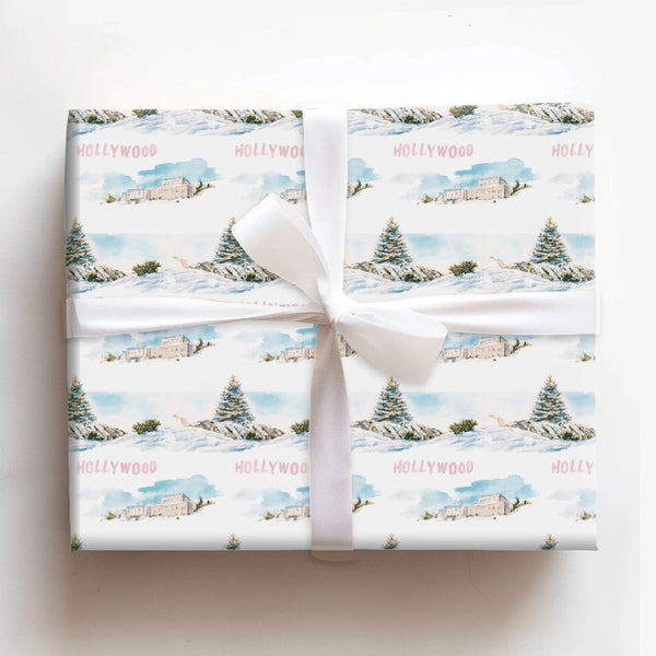 Snowy California Gift Wrap, Hollywood Hills Christmas Wrapping Paper, Watercolor Los Angeles Wrapping Paper, Holiday Movie Fa