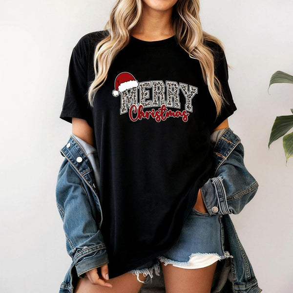 Adorable Retro Xmas Graphic Tee, Merry Christmas Leopard Santa Hat T-Shirt, Buffalo Plaid Cheetah Holiday Shirt, Festive Wome