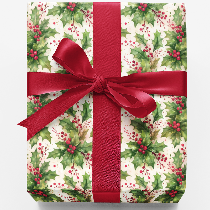 Merry and Bright Gift Wrap Roll, Holly Berry Christmas Wrapping Paper, Winter Botanical Wrapping Paper, Holiday Gift Wrap, Xmas Gift Wrap