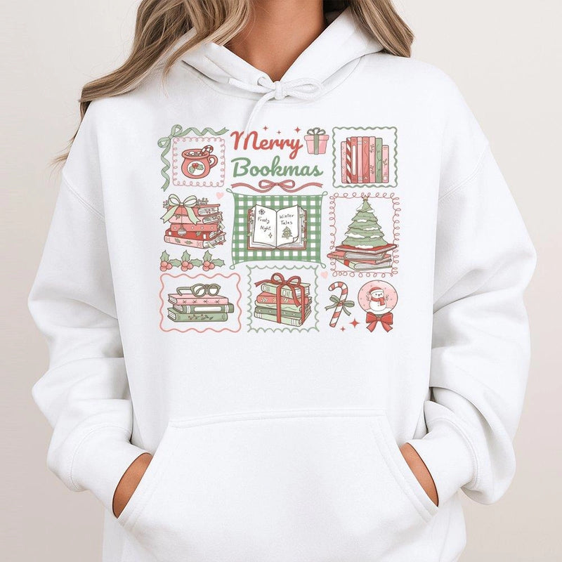 Comfy Reading Holiday Hooded Sweatshirt, Merry Bookmas Hoodie, Adorable Book Lover Christmas Pullover Hoodie, Bookworm Librarian Graphic Sweater
