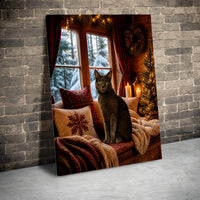Grey Cat Christmas Cabin Scene Print, Comfy Winter Cat Snowy Window Canvas Wall Art, Holiday Feline Poster, Cat Lover Digital Download