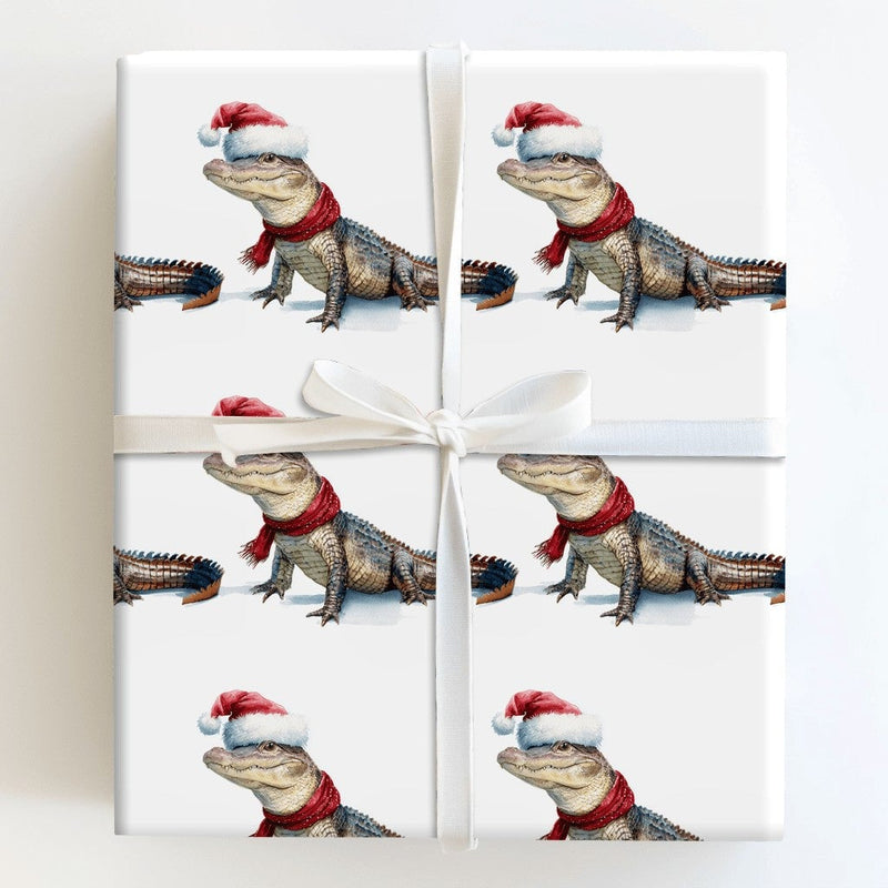 Humorous Holiday Gift Wrap, Santa Hat Alligator Christmas Wrapping Paper, Adorable Watercolor Alligator Wrapping Paper, Winter Animal Present Wrap