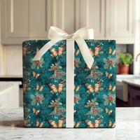 Orange Monarch Botanical Holiday Gift Wrap, Butterfly Holly Christmas Wrapping Paper, Teal Winter Foliage Wrapping Paper, Nature Lover Wrap