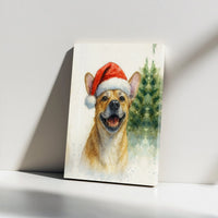 Festive Dog Holiday Poster, Watercolor Christmas Puppy in Santa Hat Wall Art, Adorable Winter Animal Pet Print, Digital Download Seasonal Decor