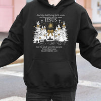 Matthew 1 21 Scripture Hooded Sweatshirt, Jesus Christmas Nativity Hoodie, Christian Faith Christmas Hoodie, Religious Holiday Pullover