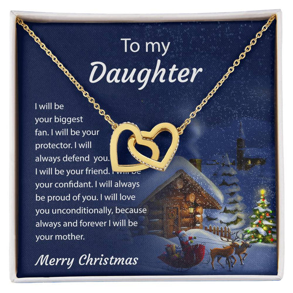 Crystal Heart Pendant Necklace, Daughter Interlocking Hearts Necklace, Two Hearts Jewelry, Sentimental Christmas Holiday Pres