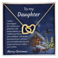 Crystal Heart Pendant Necklace, Daughter Interlocking Hearts Necklace, Two Hearts Jewelry, Sentimental Christmas Holiday Present for Daughter