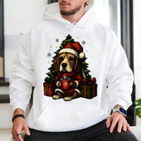 Adorable Santa Hat Puppy Holiday Hoodie, Beagle Christmas Hoodie, Dog Lover Xmas Graphic Pullover, Winter Animal Lover Hooded Sweatshirt