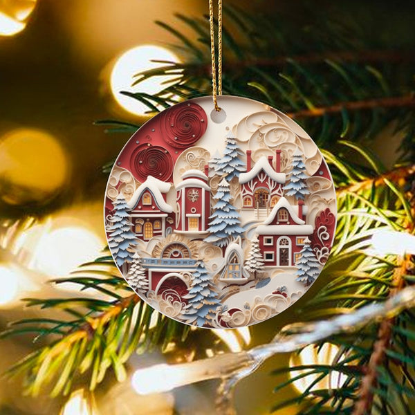 Paper Quilling Style Ornament, Winter Village Ceramic Ornament, Christmas Tree Hanging Ornament, Comfy Holiday Home Decor Pre