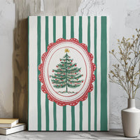 Red Scalloped Stripe Holiday Canvas Print, Vintage Christmas Tree Canvas Wall Art, Festive Xmas Tree Canvas Decor, Winter Seasonal Wall Art