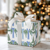Watercolor Blue Bows Green Garland Gift Wrap, Christmas Wrapping Paper, Elegant Holiday Present Paper, Festive Christmas Wrapping Paper Roll