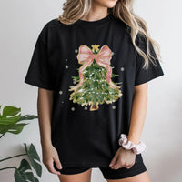 Watercolor Bow Holiday T-Shirt, Coquette Christmas Tree Shirt, Coquette Xmas Graphic Tee, Trendy Christmas Tee, Winter Holiday Present for Her