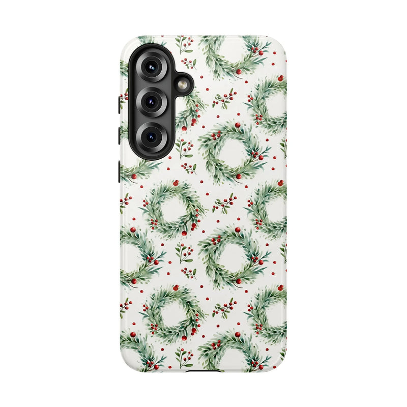 Watercolor Holly Berry Phone Case, Christmas Wreath Samsung Galaxy Case, Festive Winter Floral Tough Cover, Holiday Season Present