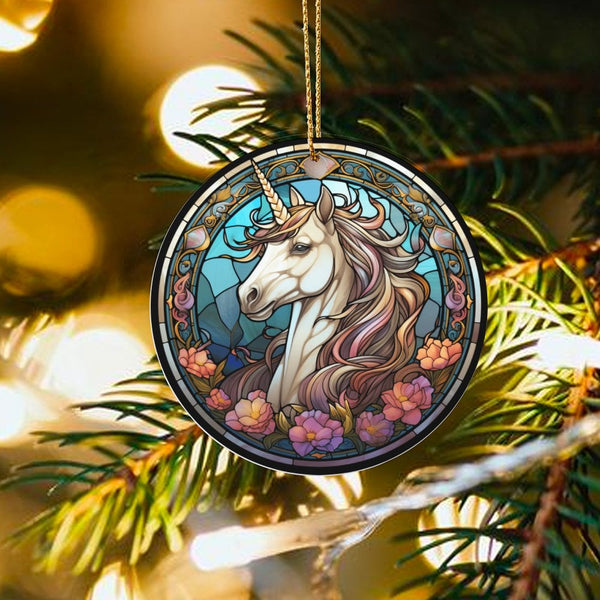 Floral Fantasy Ceramic Ornament, Stained Glass Unicorn Christmas Ornament, Magical Tree Ornament, Adorable Holiday Keepsake, 