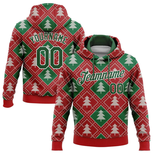 Personalized Name Number Ugly Christmas Sweatshirt, Custom 3D Christmas Tree Argyle Hoodie, Holiday Sports Pullover Hoodie