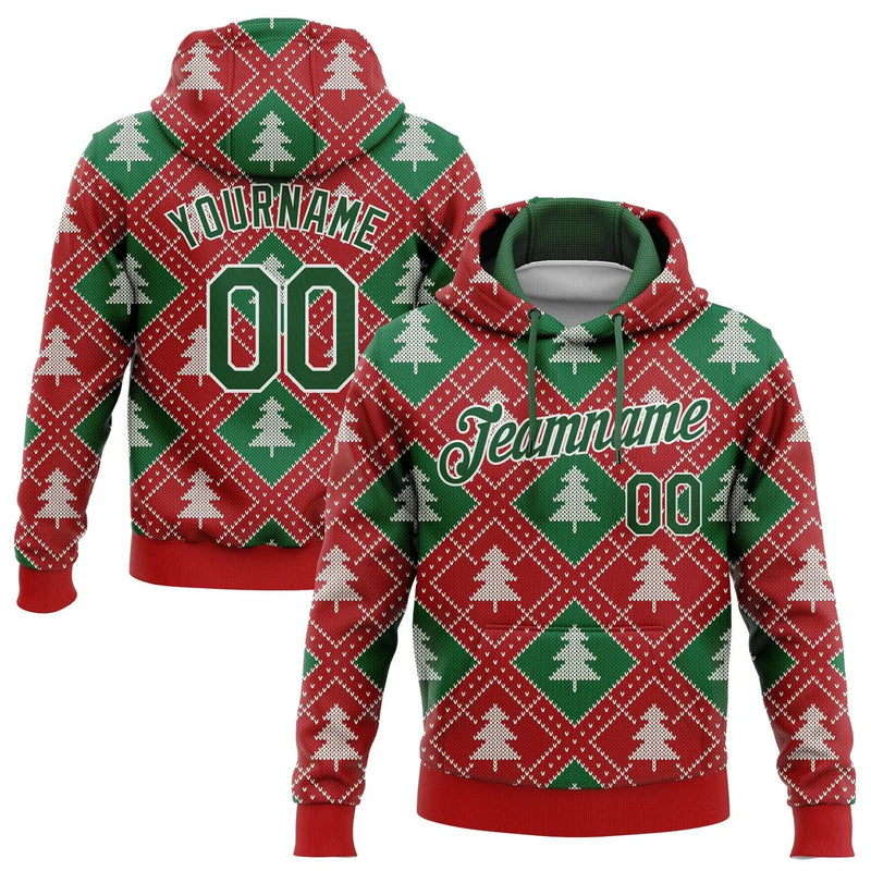Personalized Name Number Ugly Christmas Sweatshirt, Custom 3D Christmas Tree Argyle Hoodie, Holiday Sports Pullover Hoodie