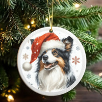 Santa Hat Aussie Dog Ornament, Australian Shepherd Christmas Ornament, Ceramic Puppy Christmas Ornament, Aussie Dog Lover Present Decor