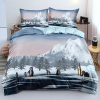 Holiday Bedding Set with Pillowcases, Winter Mountain Snow Scene Christmas Duvet Cover Set, Microfiber Quilt Cover, Xmas Present
