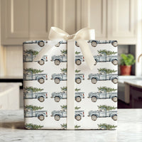 Farmhouse Tree Holiday Wrapping Paper, Vintage Blue Truck Christmas Wrapping Paper, Watercolor Rustic Xmas Gift Wrap, Winter Gift Wrap Roll