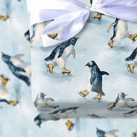Adorable Winter Animal Gift Wrap, Ice Skating Penguin Christmas Wrapping Paper, Watercolor Holiday Wrapping Paper, Festive Kids Gift Wrap Roll