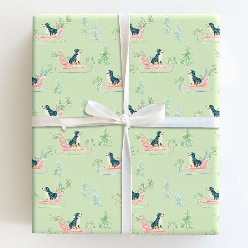 Watercolor Dog Sleigh Gift Wrap, Bernese Mountain Dog Wrapping Paper, Berner Christmas Wrapping Paper, Adorable Dog Holiday Gift Wrap Roll