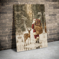 Winter Wonderland Canvas Print, Santa Claus with Reindeer Canvas Wall Art, Snowy Forest Holiday Wall Canvas, Christmas Home Decor Present