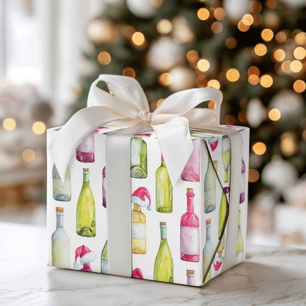 Watercolor Wine Lover Gift Wrap, Santa Hat Wine Bottle Christmas Wrapping Paper, Holiday Wine Bottle Wrapping Paper, Drinker 