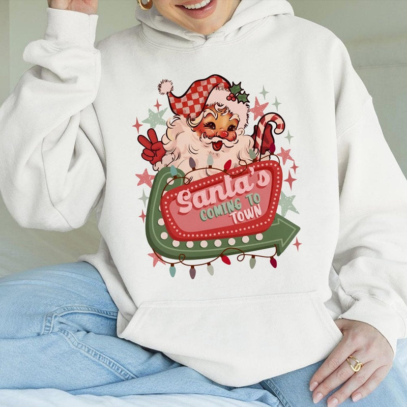 Santa's Coming to Town Graphic Hooded Sweatshirt, Retro Santa Hoodie, Vintage Christmas Pullover, Festive Santa Claus Hoodie Holiday Present