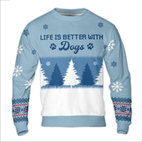 Winter Forest Paw Print Christmas Sweater, Life Is Better with Dogs Ugly Sweater, Dog Lover Holiday Crewneck, Adorable Pet Xmas Present