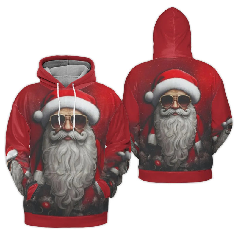 Humorous Santa Claus Christmas Hoodie, Cool Santa Sunglasses Hoodie, Retro Holiday Graphic Hoodie, Xmas Party Pullover, Adorable Holiday Present