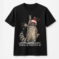 Tangled Christmas Lights Raccoon Shirt, Feral and Festive AF Raccoon T-Shirt, Humorous Holiday Graphic Tee, Ugly Christmas Party Raccoon Tee