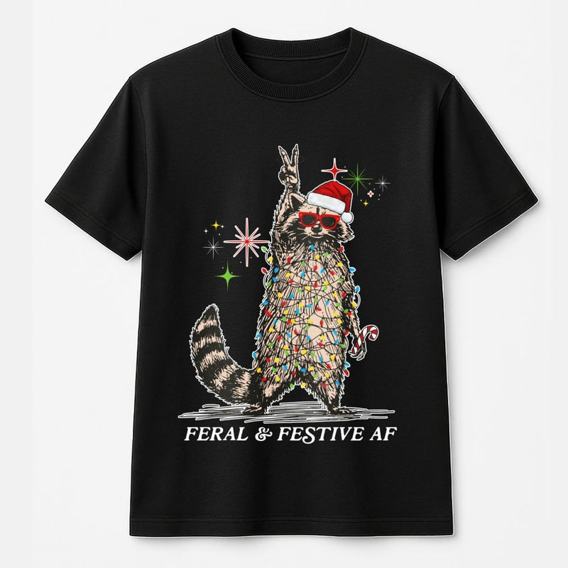 Tangled Christmas Lights Raccoon Shirt, Feral and Festive AF Raccoon T-Shirt, Humorous Holiday Graphic Tee, Ugly Christmas Party Raccoon Tee