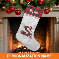 Red Buffalo Plaid Initial Holiday Stocking, Personalized Monogram Christmas Stocking, Custom Name Winter Stocking, Family Fireplace Decor