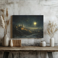Ancient Snowy City Night Painting, Star of Bethlehem Canvas Wall Art, Christian Nativity Canvas Decor, Religious Christmas Holiday Present