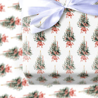 Candle and Red Bow Gift Wrap, Watercolor Christmas Tree Wrapping Paper, Vintage Evergreen Wrapping Paper, Holiday Season Present Paper Roll