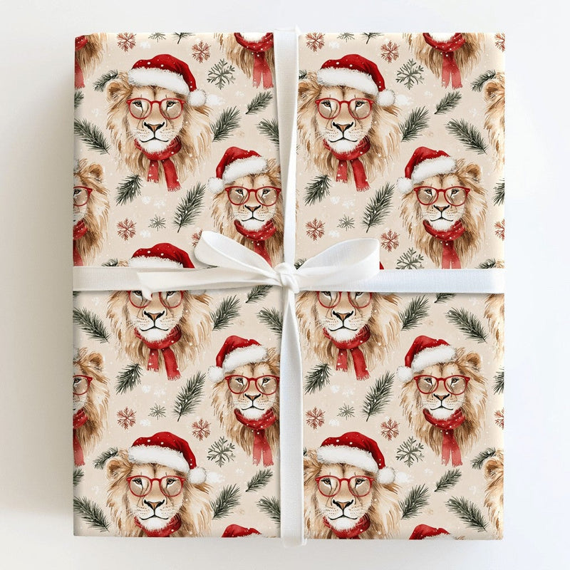 Watercolor Lion Gift Wrap, Santa Lion Christmas Wrapping Paper, Adorable Animal Wrapping Paper, Festive Holiday Gift Wrap, Xmas Present Paper