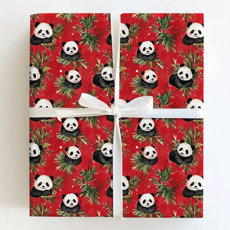 Holly and Berry Gift Wrap, Christmas Panda Bear Wrapping Paper, Red Holiday Wrapping Paper, Adorable Animal Lover Festive Gift Wrap Roll