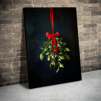 Red Ribbon Christmas Canvas Print, Hanging Mistletoe Canvas Wall Art, Holiday Botanical Wall Decor, Winter Floral Canvas, Festive Xmas Present