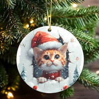 Santa Hat Kitten Holiday Ornament, Adorable Ginger Cat Christmas Ornament, Ceramic Pet Lover Tree Ornament, Winter Keepsake Present for Cat Mom