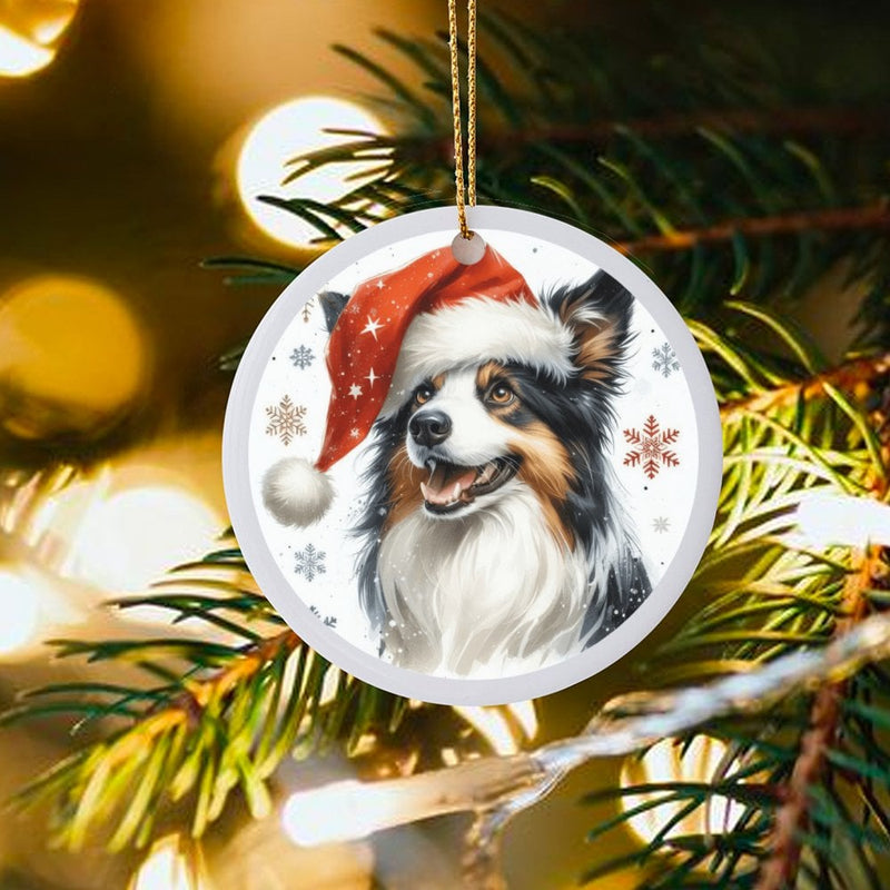 Santa Hat Aussie Dog Ornament, Australian Shepherd Christmas Ornament, Ceramic Puppy Christmas Ornament, Aussie Dog Lover Present Decor