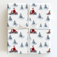 Winter Pine Trees Gift Wrap, Santa Claus on Red Snowmobile Wrapping Paper, Watercolor Christmas Wrapping Paper, Holiday Present Paper